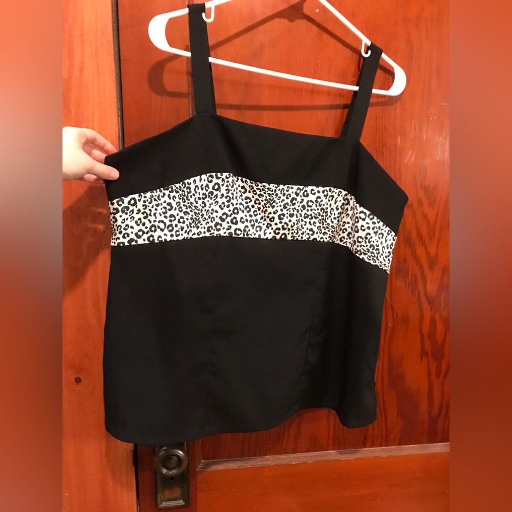 Vintage black panelled tank top with white cheetah print stripe womens